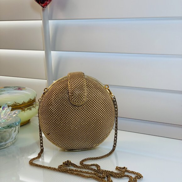Whiting & Davis Round Gold Mesh Evening Bag Shoulder/Crossbody - Picture 2 of 7